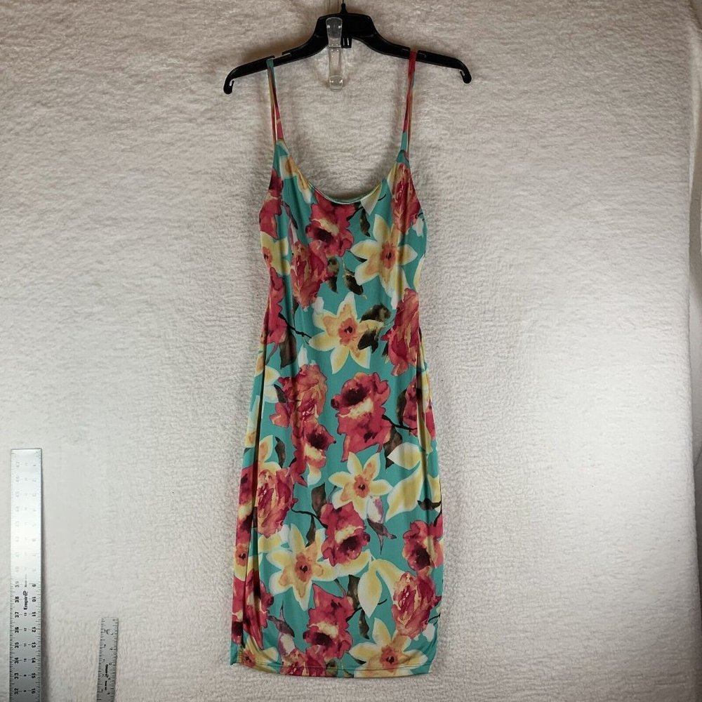Uptown USA Tank Dress‎ Women's Large Green Floral Stretch Spaghetti Strap 8568